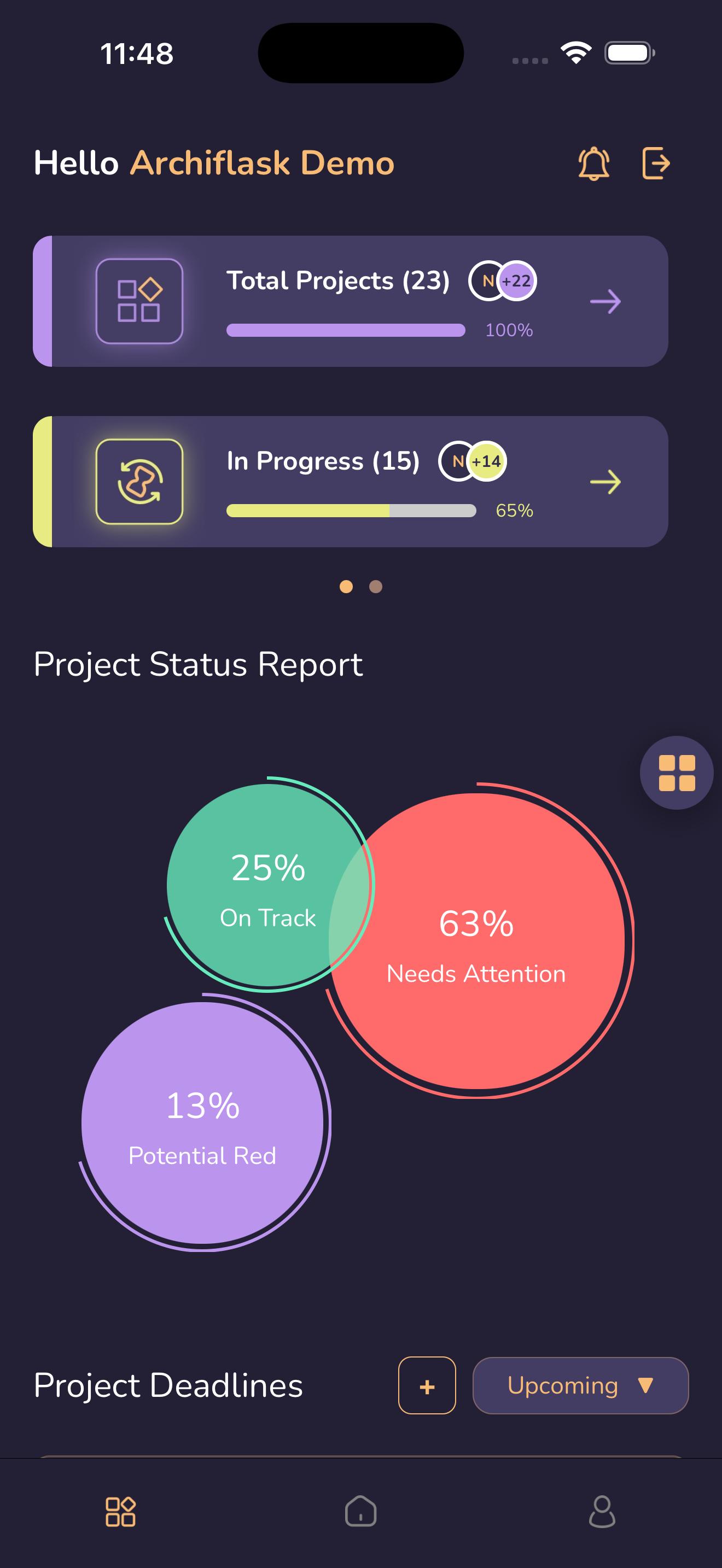 ArchiFlask client app showing project progress on mobile